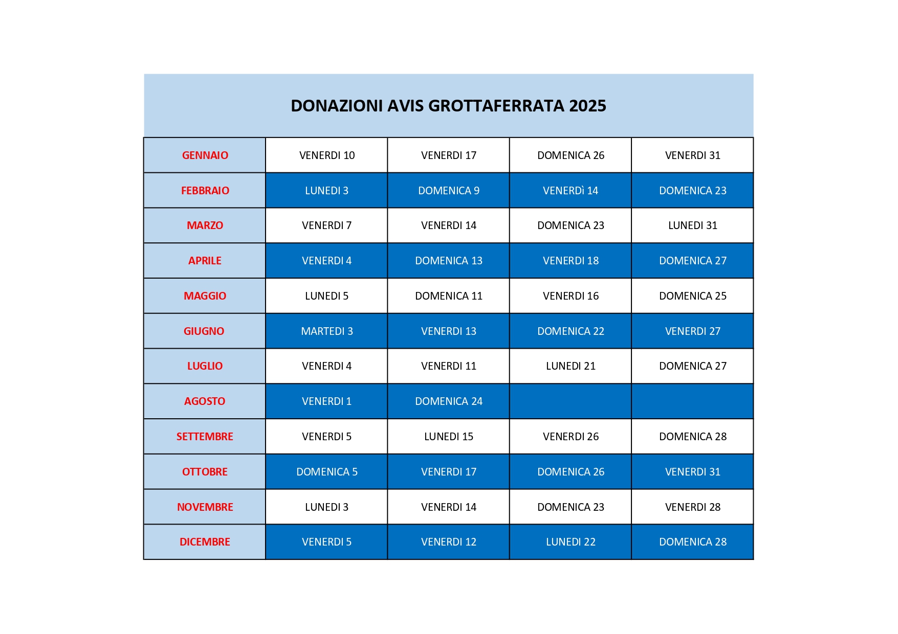 CALENDARIO RACCOLTE SANGUE 2025